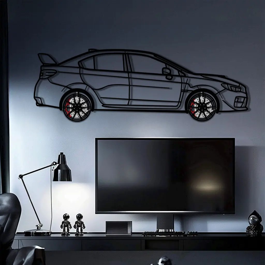 Subaru WRX Metal Car Wall Art with Rotating Wheels - Rally Legend Silhouette - Interactive Automotive Wall Decor - KAFMEKA155 by Enova Art