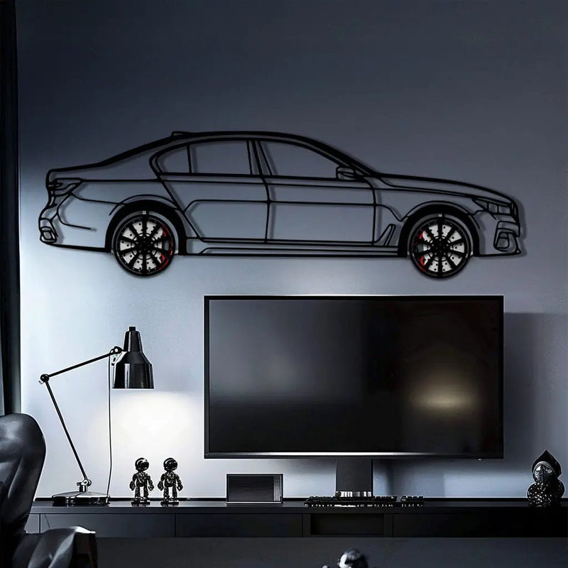 BMW 750i Metal Car Wall Art with Rotating Wheels - Luxury Executive Sedan Silhouette - Interactive Automotive Wall Decor - KAFMEKA104 by Enova Art