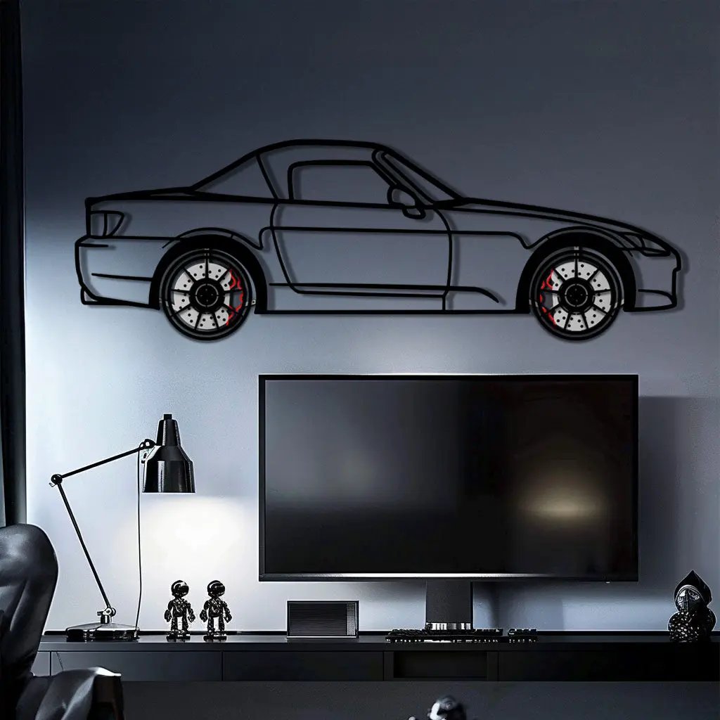 Honda S2000 Metal Car Wall Art with Rotating Wheels - JDM Roadster Silhouette - Interactive Automotive Wall Decor - KAFMEKA143 by Enova Art