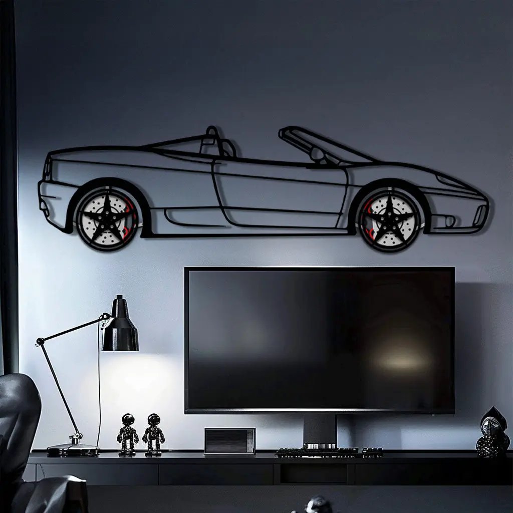 Ferrari 360 Spider Metal Car Wall Art with Rotating Wheels - Italian Convertible Supercar Silhouette - Interactive Automotive Wall Decor - KAFMEKA123 by Enova Art