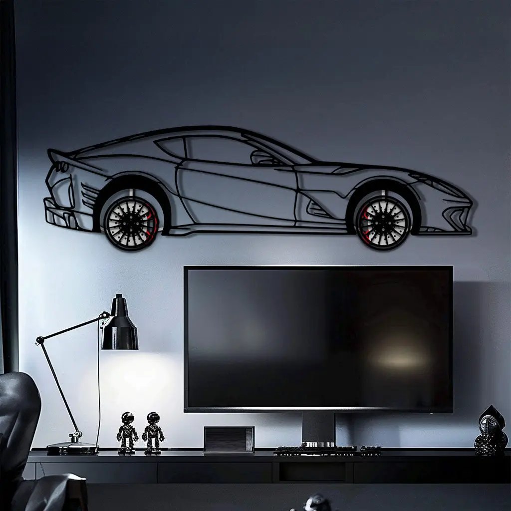 Ferrari 812 Superfast / F12 Metal Car Wall Art with Rotating Wheels - V12 Grand Tourer Silhouette - Interactive Automotive Wall Decor - KAFMEKA127 by Enova Art