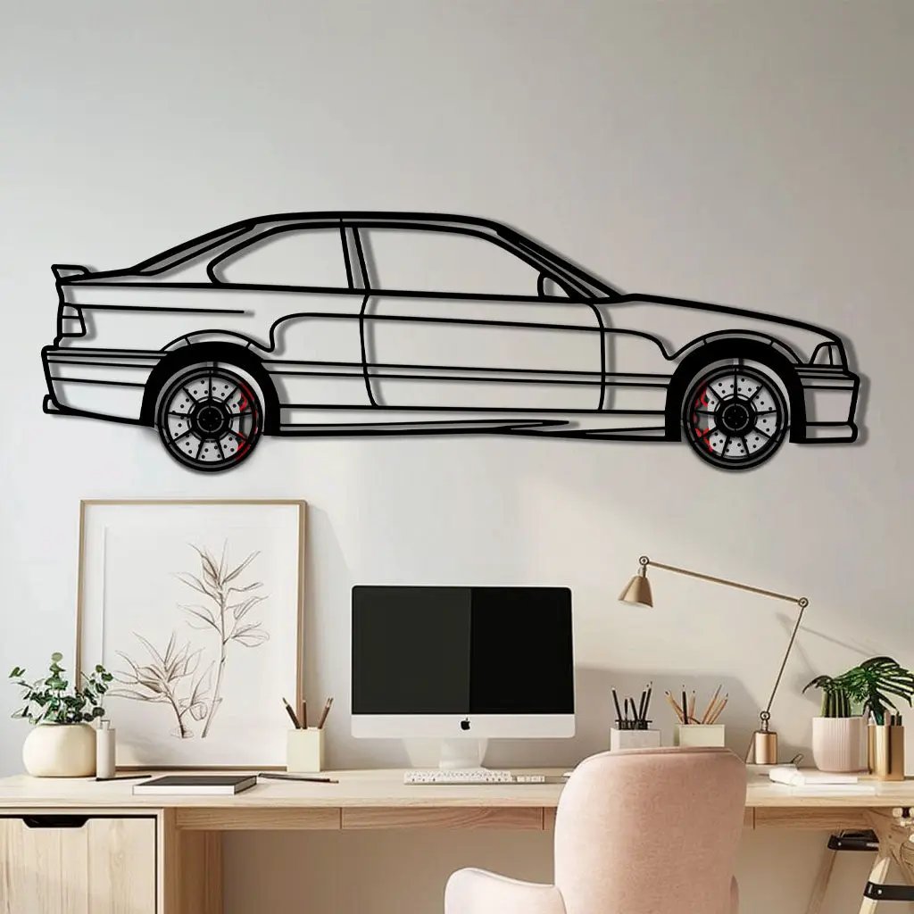 BMW E36 M3 Metal Car Wall Art with Rotating Wheels - 90s Performance Legend Silhouette - Interactive Automotive Wall Decor - KAFMEKA101 by Enova Art