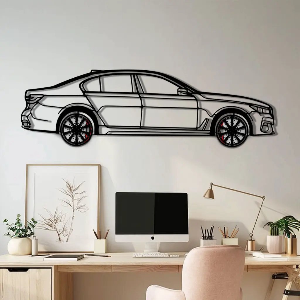 BMW 750i Metal Car Wall Art with Rotating Wheels - Luxury Executive Sedan Silhouette - Interactive Automotive Wall Decor - KAFMEKA104 by Enova Art