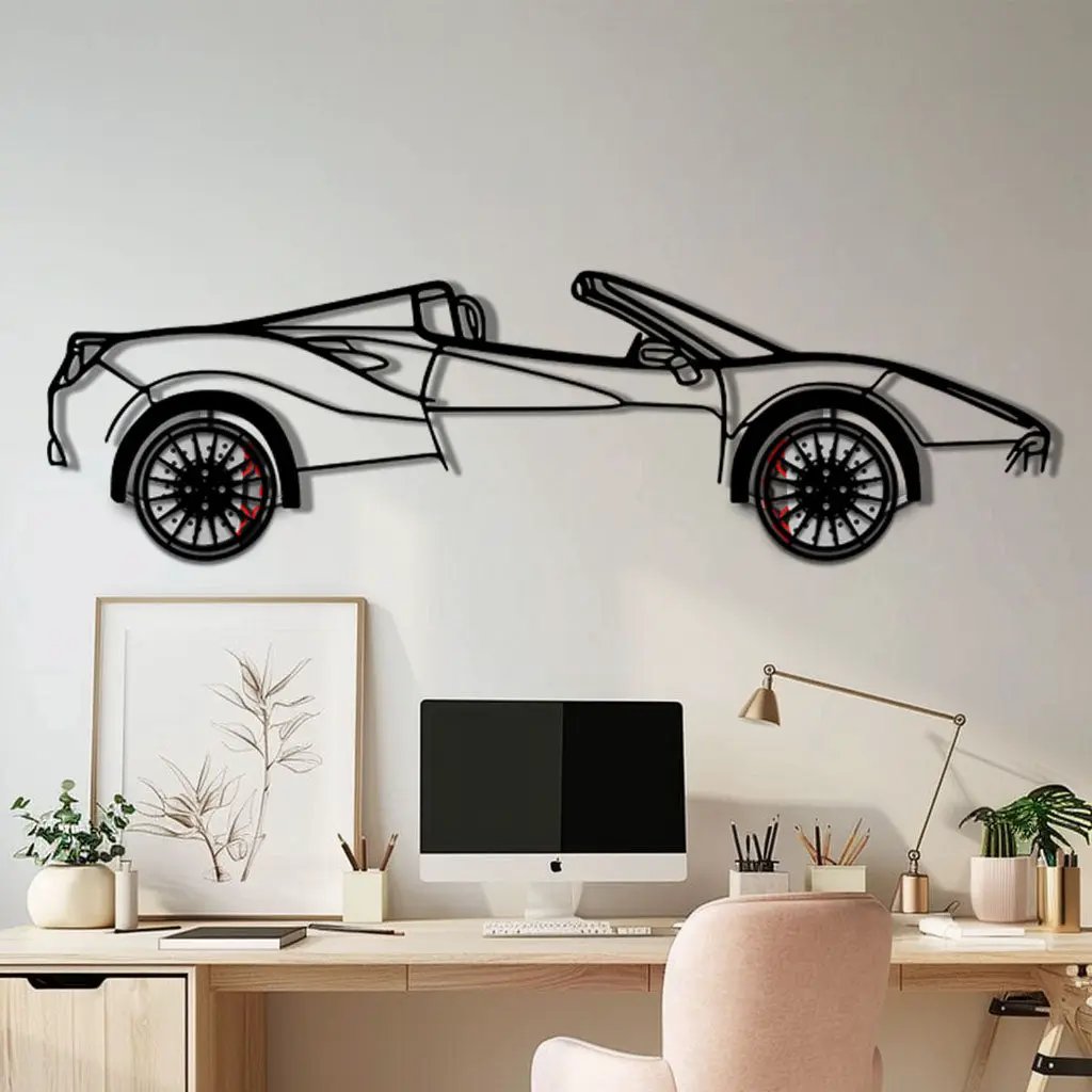Ferrari 488 Spider Metal Car Wall Art with Rotating Wheels - Italian Twin-Turbo V8 Silhouette - Interactive Automotive Wall Decor - KAFMEKA126 by Enova Art