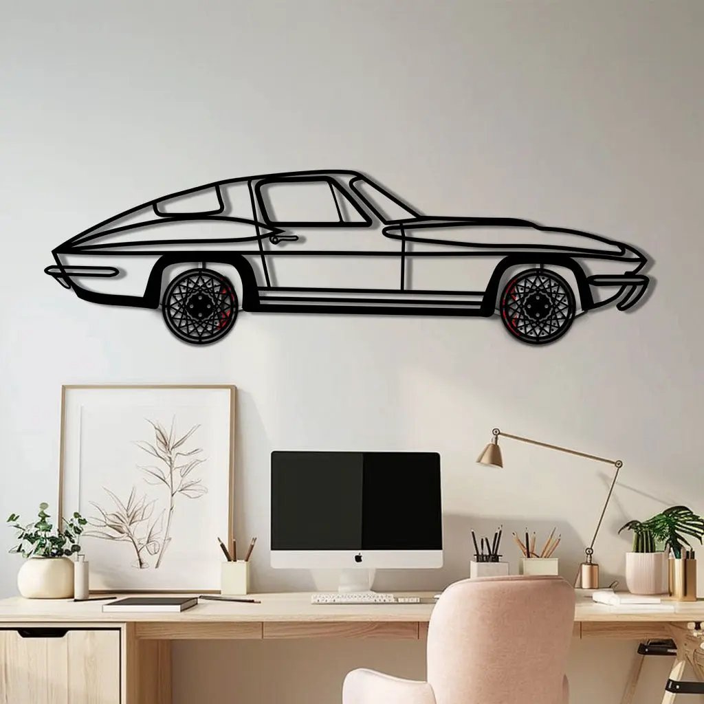 Chevrolet Corvette C3 Stingray Metal Car Wall Art with Rotating Wheels - Classic American Muscle Silhouette - Interactive Automotive Decor - KAFMEKA120 by Enova Art