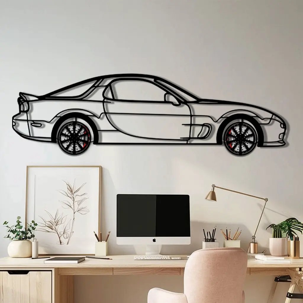 Mazda RX-7 Metal Car Wall Art with Rotating Wheels - FD3S Rotary Legend Silhouette - Interactive Automotive Wall Decor - KAFMEKA147 by Enova Art