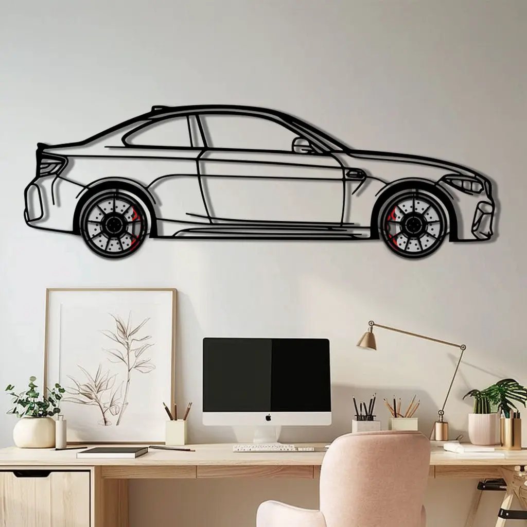 BMW M2 F87 Metal Car Wall Art with Rotating Wheels - M Power Compact Performance Silhouette - Interactive Automotive Decor - KAFMEKA107 by Enova Art