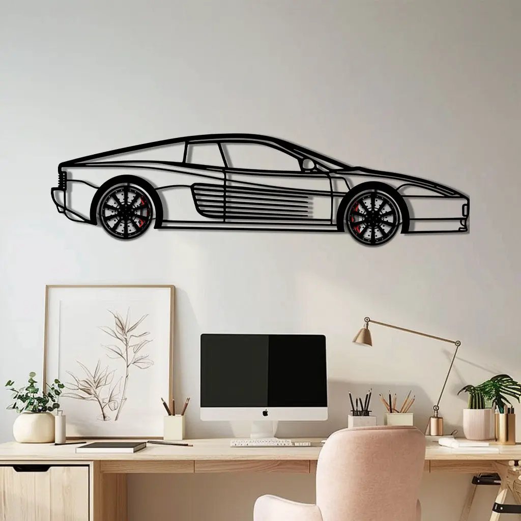 Ferrari Testarossa Metal Car Wall Art with Rotating Wheels - Iconic 80s Supercar Silhouette - Interactive Retro Automotive Decor - KAFMEKA136 by Enova Art