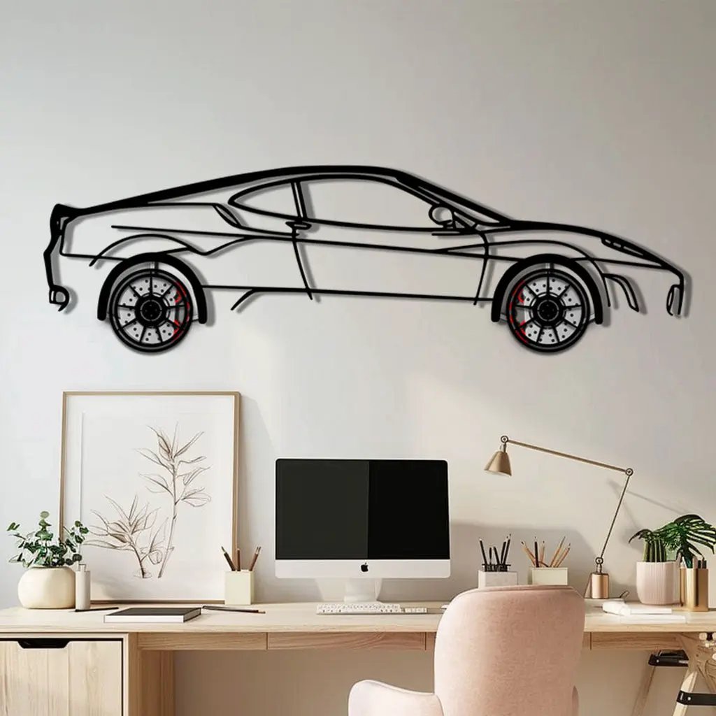 Ferrari F430 Metal Car Wall Art with Rotating Wheels - Italian V8 Supercar Silhouette - Interactive Automotive Wall Decor - KAFMEKA132 by Enova Art