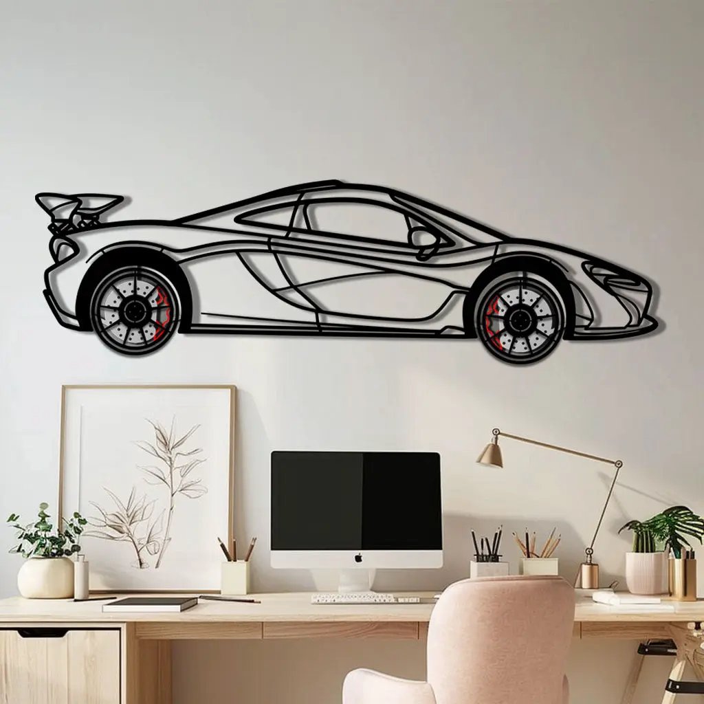 McLaren P1 Metal Car Wall Art with Rotating Wheels - Ultimate Hybrid Hypercar Silhouette - Interactive Automotive Wall Decor - KAFMEKA150 by Enova Art