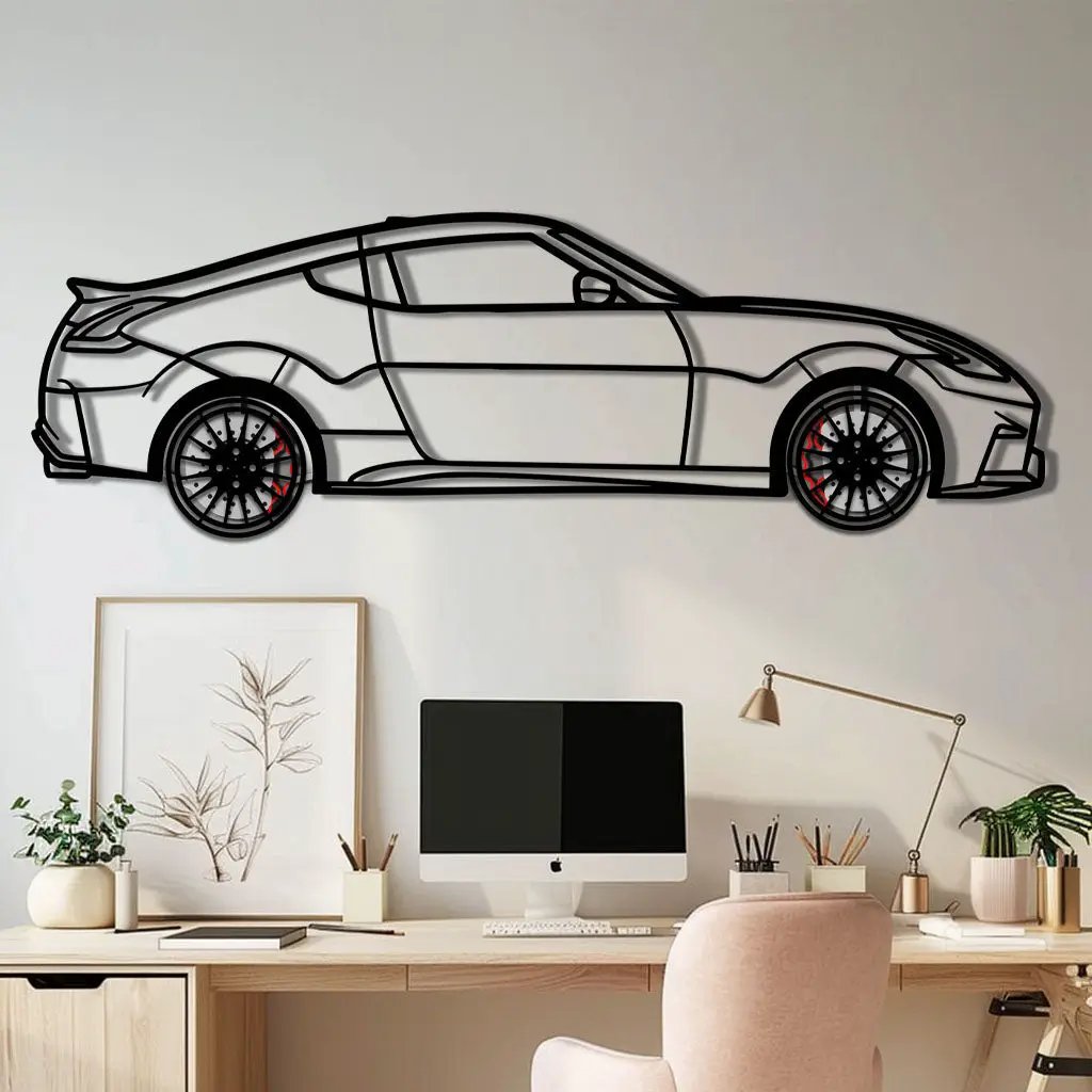 Nissan 350Z Metal Car Wall Art with Rotating Wheels - JDM Fairlady Z33 Silhouette - Interactive Automotive Wall Decor - KAFMEKA153 by Enova Art