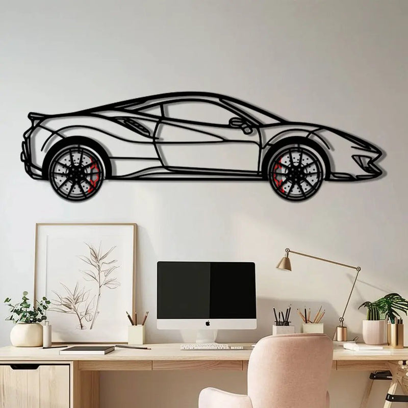 Ferrari 488 Pista Metal Car Wall Art with Rotating Wheels - Track-Focused Italian V8 Silhouette - Interactive Automotive Wall Decor - KAFMEKA128 by Enova Art