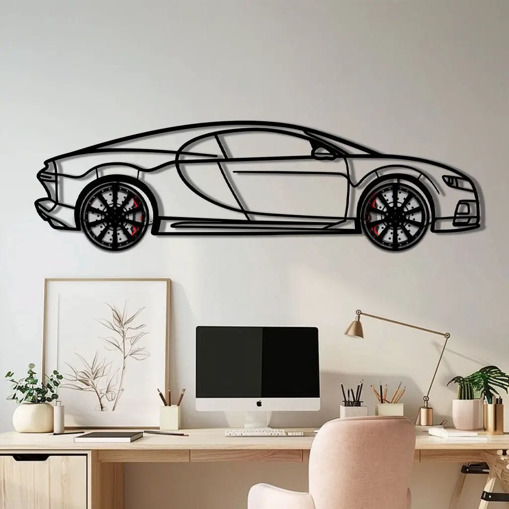 Bugatti Chiron Metal Car Wall Art with Rotating Wheels - Ultimate Hypercar Silhouette Decor - Interactive Automotive Wall Art - KAFMEKA116 by Enova Art
