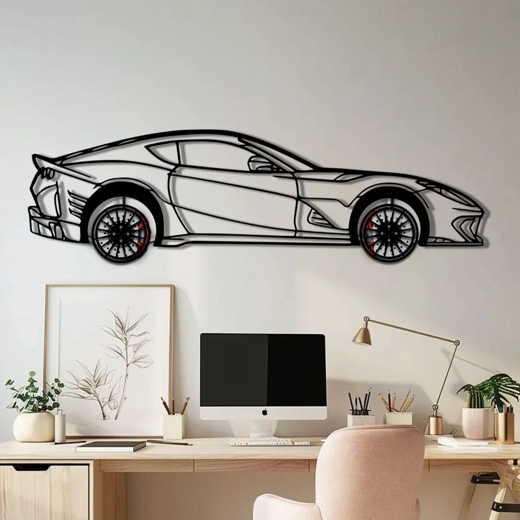 Ferrari 812 Superfast / F12 Metal Car Wall Art with Rotating Wheels - V12 Grand Tourer Silhouette - Interactive Automotive Wall Decor - KAFMEKA127 by Enova Art