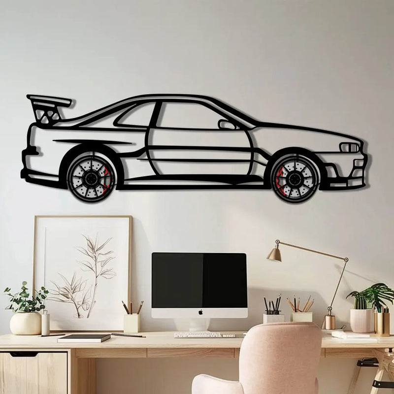 Nissan Skyline GT-R R34 Metal Car Wall Art with Rotating Wheels - "Godzilla" JDM Legend Silhouette - Interactive Automotive Wall Decor - KAFMEKA152 by Enova Art