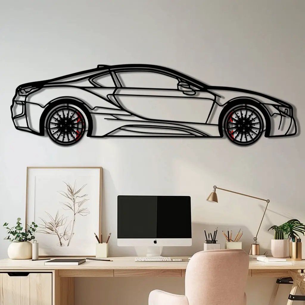 BMW i8 Metal Car Wall Art with Rotating Wheels - Futuristic Hybrid Supercar Silhouette - Interactive Automotive Decor - KAFMEKA106 by Enova Art