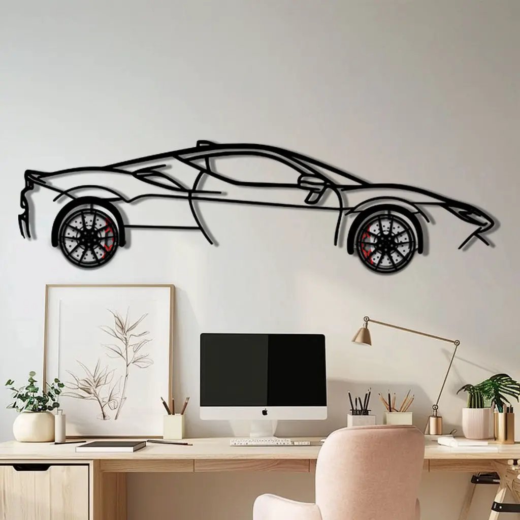 Ferrari SF90 Stradale Metal Car Wall Art with Rotating Wheels - Hybrid Hypercar Silhouette - Interactive Automotive Wall Decor - KAFMEKA135 by Enova Art