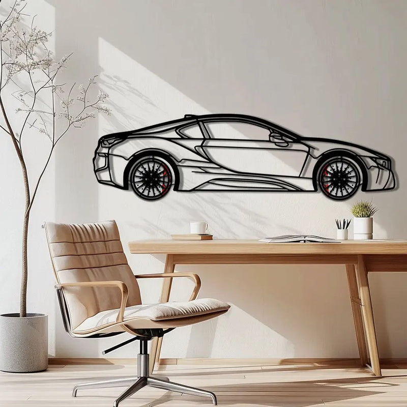 BMW i8 Metal Car Wall Art with Rotating Wheels - Futuristic Hybrid Supercar Silhouette - Interactive Automotive Decor - KAFMEKA106 by Enova Art