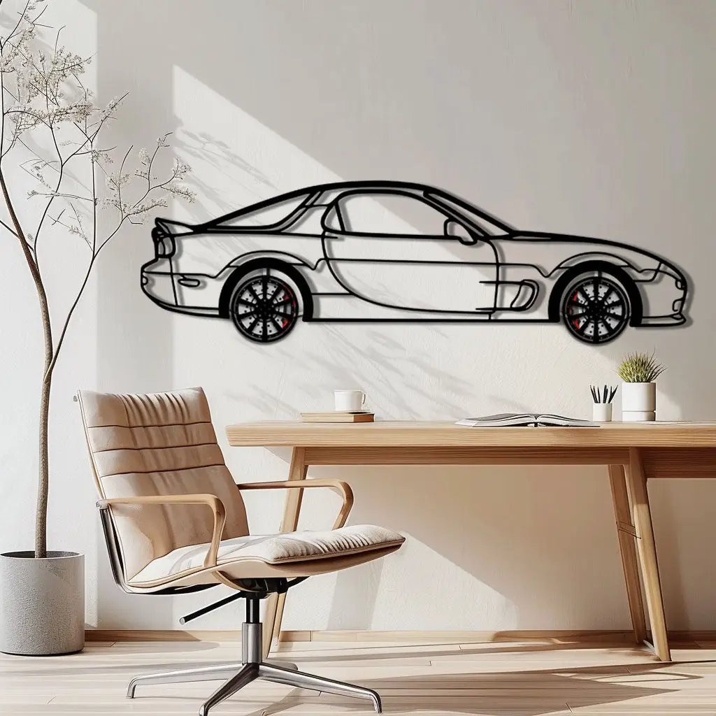 Mazda RX-7 Metal Car Wall Art with Rotating Wheels - FD3S Rotary Legend Silhouette - Interactive Automotive Wall Decor - KAFMEKA147 by Enova Art