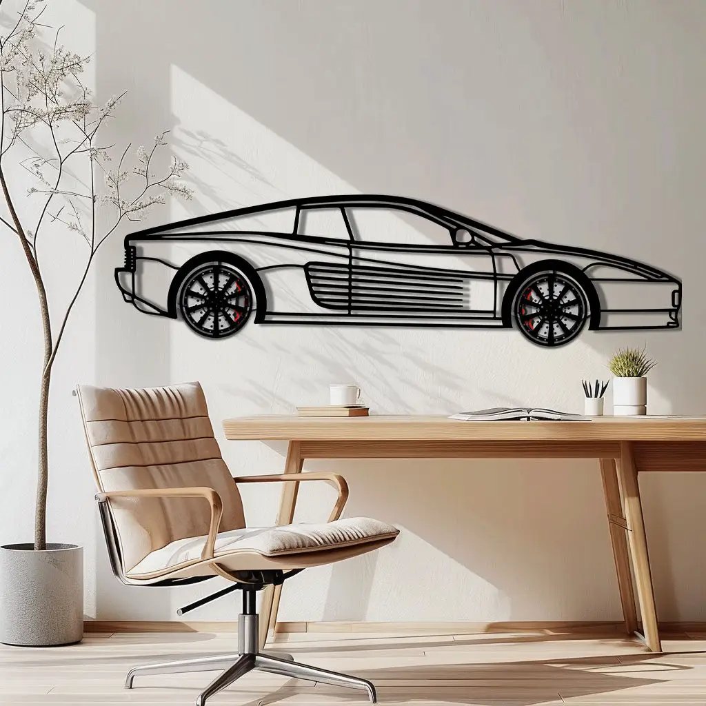 Ferrari Testarossa Metal Car Wall Art with Rotating Wheels - Iconic 80s Supercar Silhouette - Interactive Retro Automotive Decor - KAFMEKA136 by Enova Art