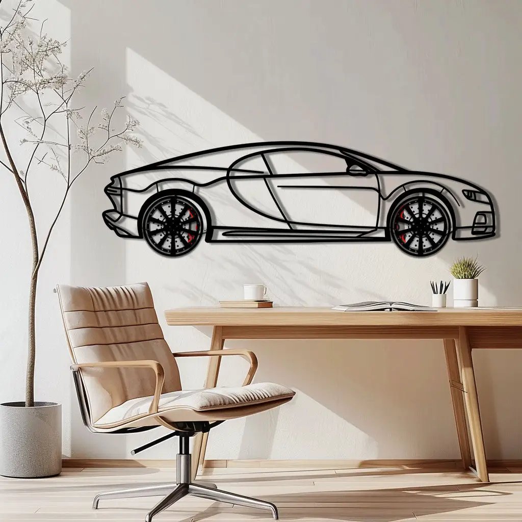 Bugatti Chiron Metal Car Wall Art with Rotating Wheels - Ultimate Hypercar Silhouette Decor - Interactive Automotive Wall Art - KAFMEKA116 by Enova Art