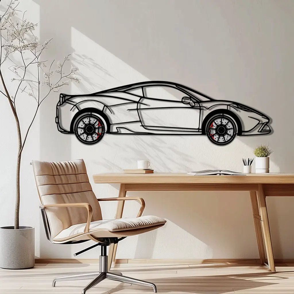 Ferrari 458 Speciale Metal Car Wall Art with Rotating Wheels - Track-Focused V8 Silhouette - Interactive Automotive Wall Decor - KAFMEKA125 by Enova Art