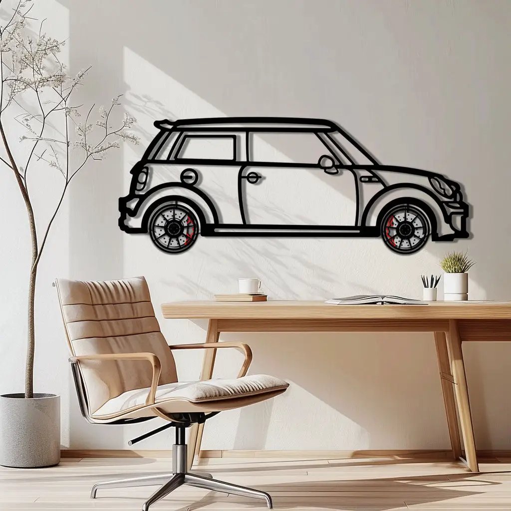 Mini Cooper Metal Car Wall Art with Rotating Wheels - Iconic British Compact Silhouette - Interactive Automotive Wall Decor - KAFMEKA151 by Enova Art