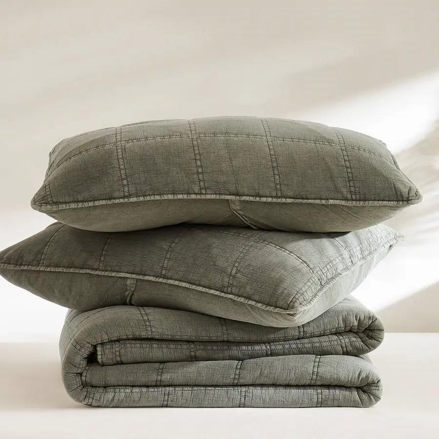 King/California King 3-Piece Sage Green Faded Stone Washed Cotton Quilt Set by HomePacific
