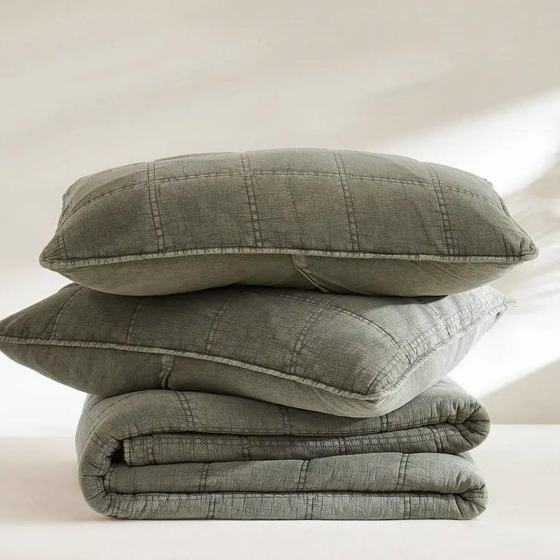 King/California King 3-Piece Sage Green Faded Stone Washed Cotton Quilt Set by HomePacific