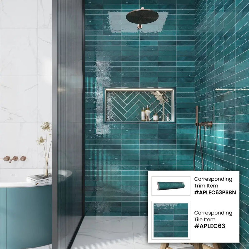 Teal Green 1x8 Glossy Ceramic Bullnose Tile Trim (10 pack, 0.556 sq ft/case) by Apollo Tile