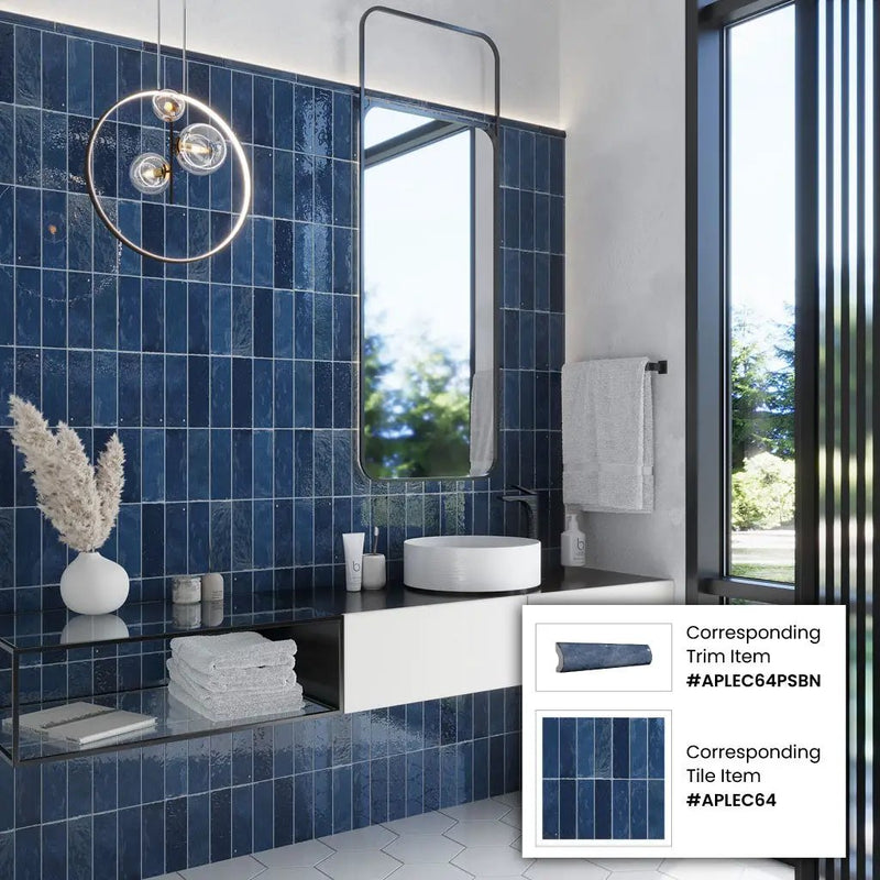 Blue 1x8 Glossy Ceramic Bullnose Tile Trim (10 pack, 0.556 sq ft/case) by Apollo Tile