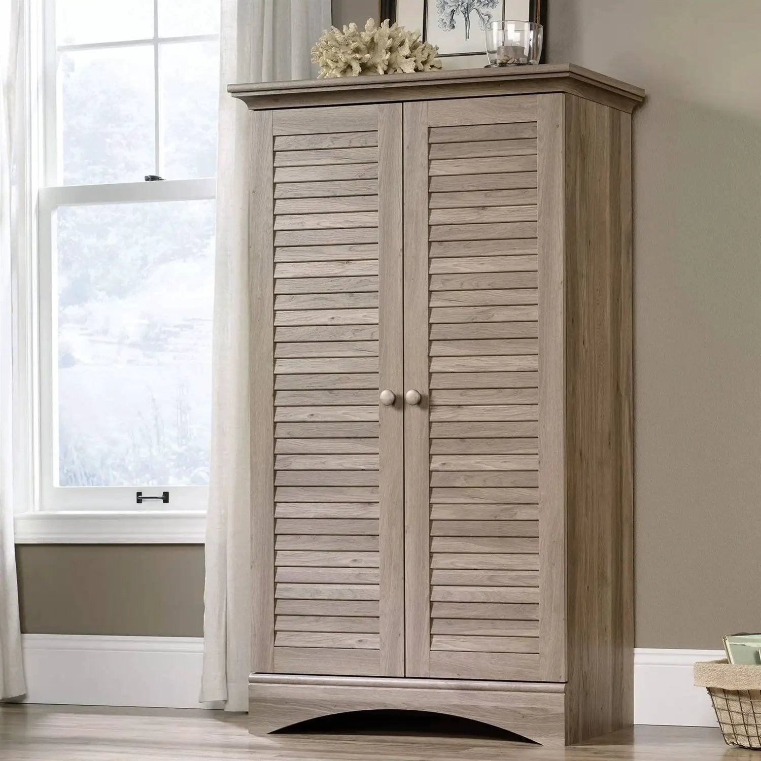 Farmhouse Armoire Storage Cabinet w/ Louver Doors in Light Brown Oak Wood Finish by HomePacific