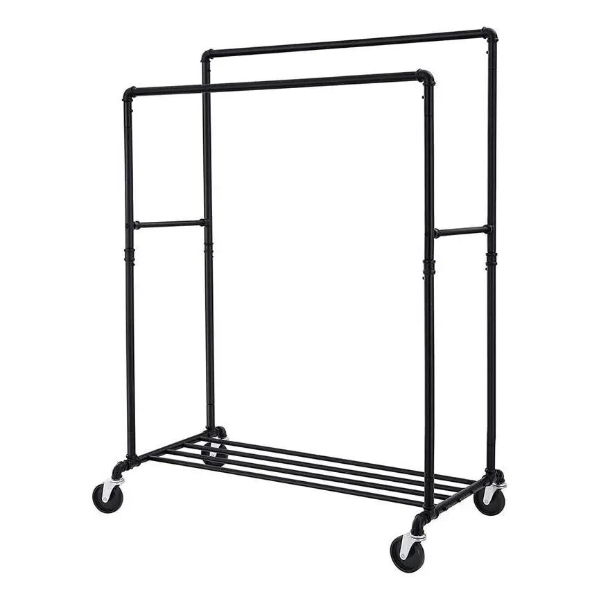 Heavy Duty Rustic Pipe Black Double-Rail Clothes Garment Rack w/ Locking Wheels by HomePacific