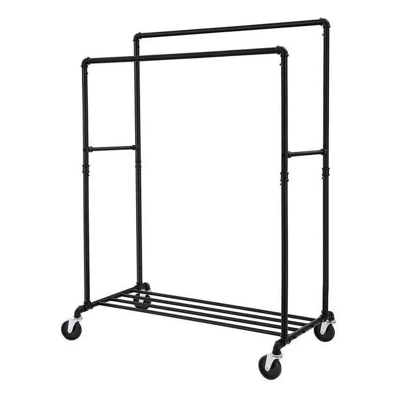 Heavy Duty Rustic Pipe Black Double-Rail Clothes Garment Rack w/ Locking Wheels by HomePacific