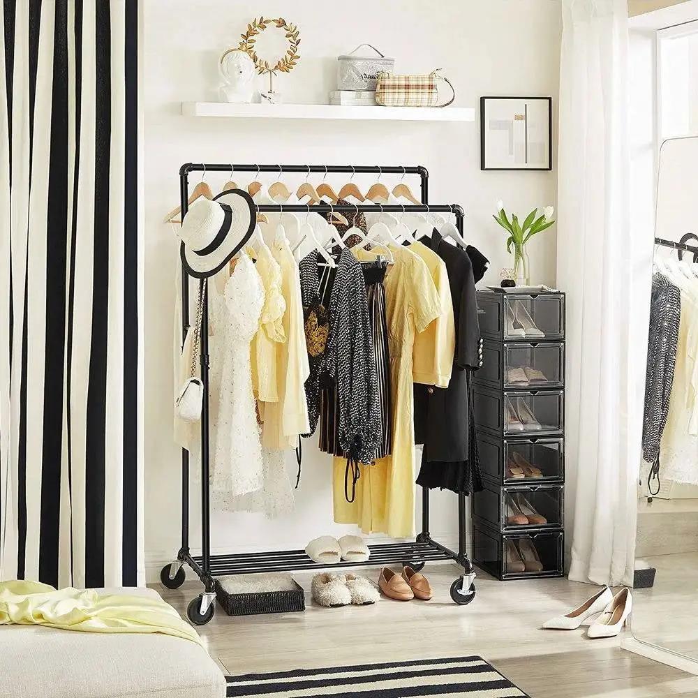 Heavy Duty Rustic Pipe Black Double-Rail Clothes Garment Rack w/ Locking Wheels by HomePacific