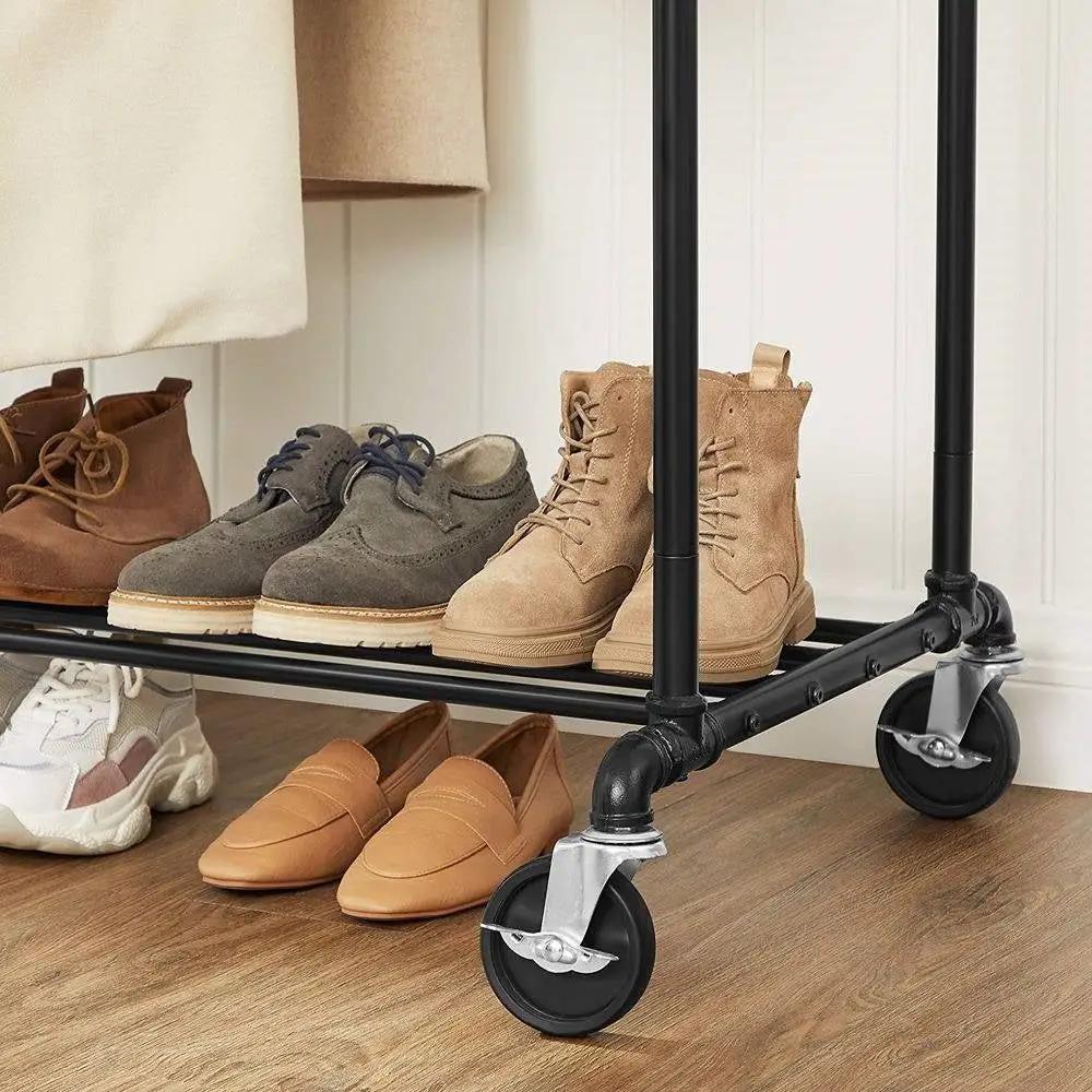 Heavy Duty Rustic Pipe Black Double-Rail Clothes Garment Rack w/ Locking Wheels by HomePacific