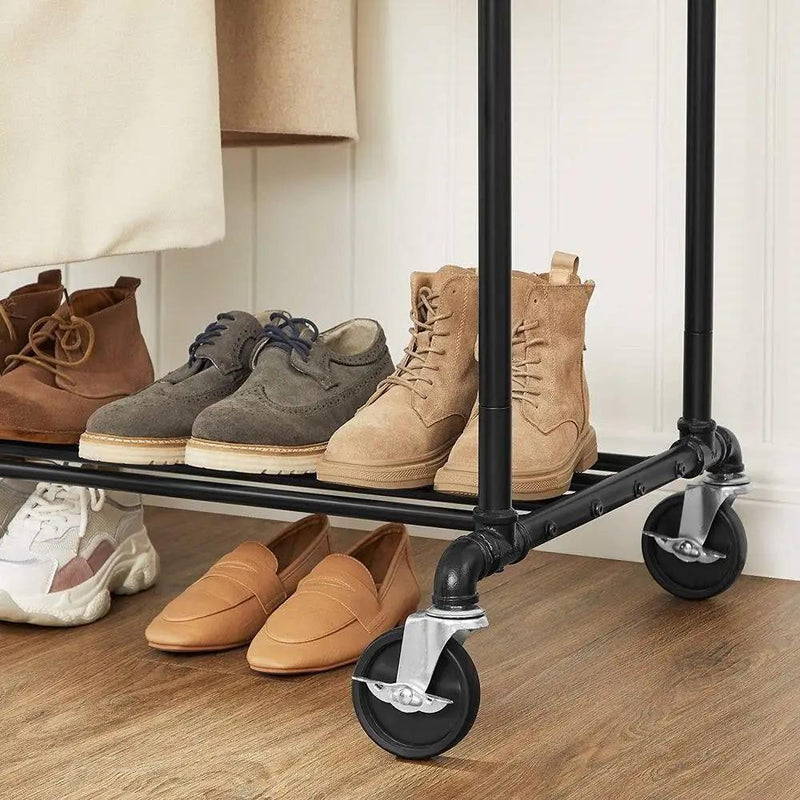 Heavy Duty Rustic Pipe Black Double-Rail Clothes Garment Rack w/ Locking Wheels by HomePacific