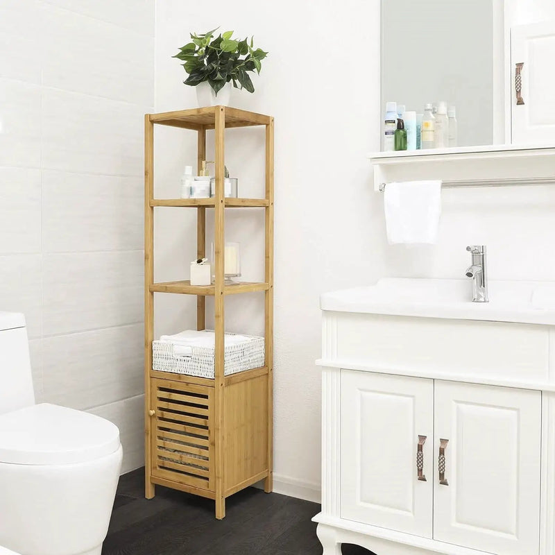 Slim 3-Shelf Bamboo Wood Bookcase Shelving Unit with Bottom Storage Cabinet by HomePacific