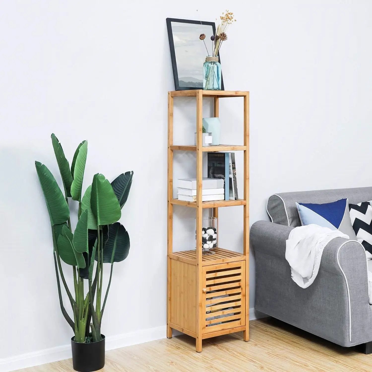 Slim 3-Shelf Bamboo Wood Bookcase Shelving Unit with Bottom Storage Cabinet by HomePacific