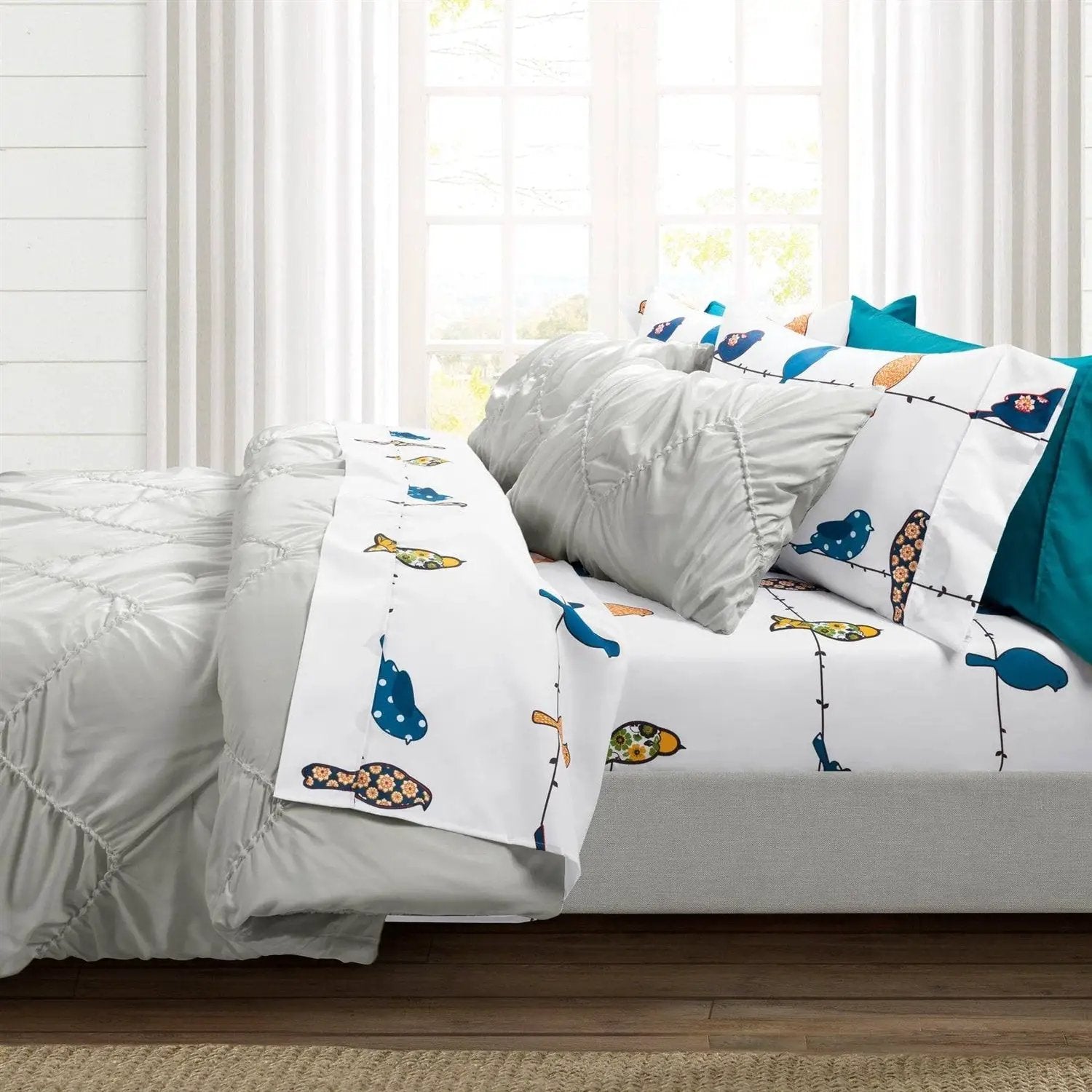 Queen Teal Yellow White Floral Birds on Wire Soft Polyester 6 Piece Sheet Set by HomePacific