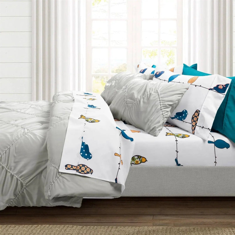 Queen Teal Yellow White Floral Birds on Wire Soft Polyester 6 Piece Sheet Set by HomePacific