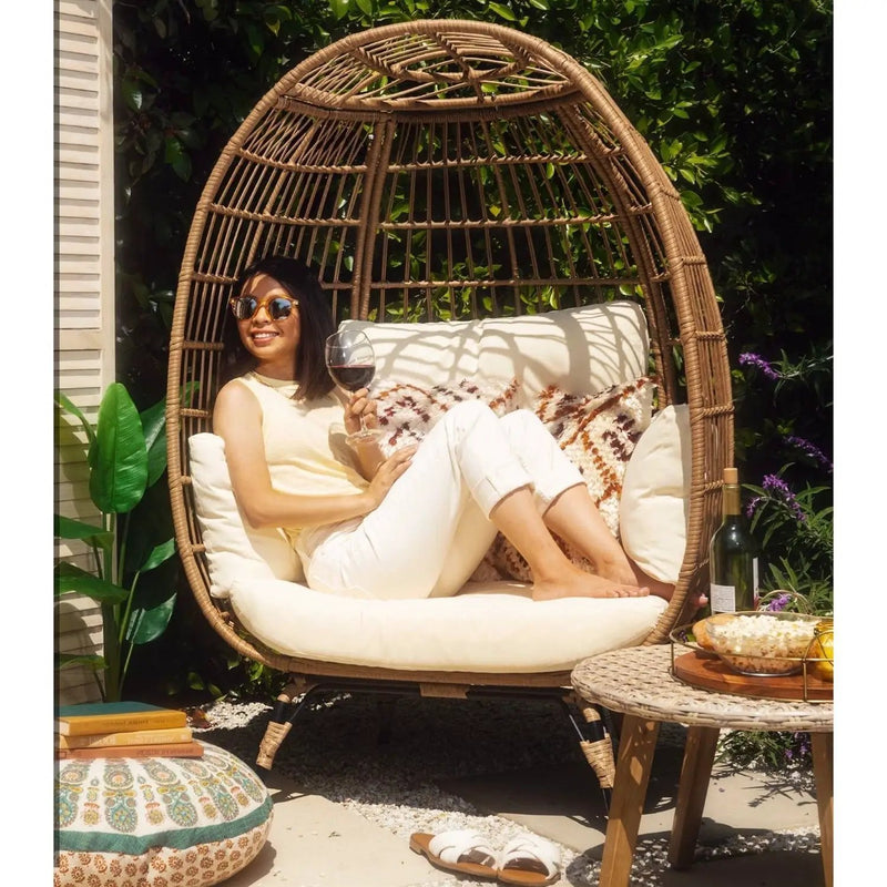 Oversized Patio Lounger Indoor/Outdoor Wicker Egg Chair Off White by HomePacific