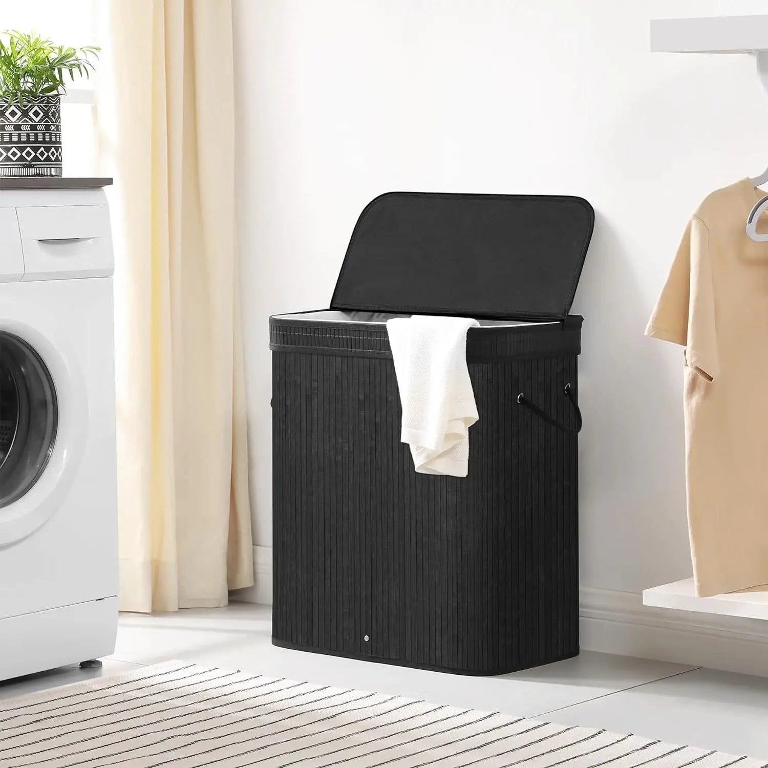 Black Bamboo Wood 26-Gal Laundry Hamper Basket w/ Removable Washable Cotton Bag by HomePacific