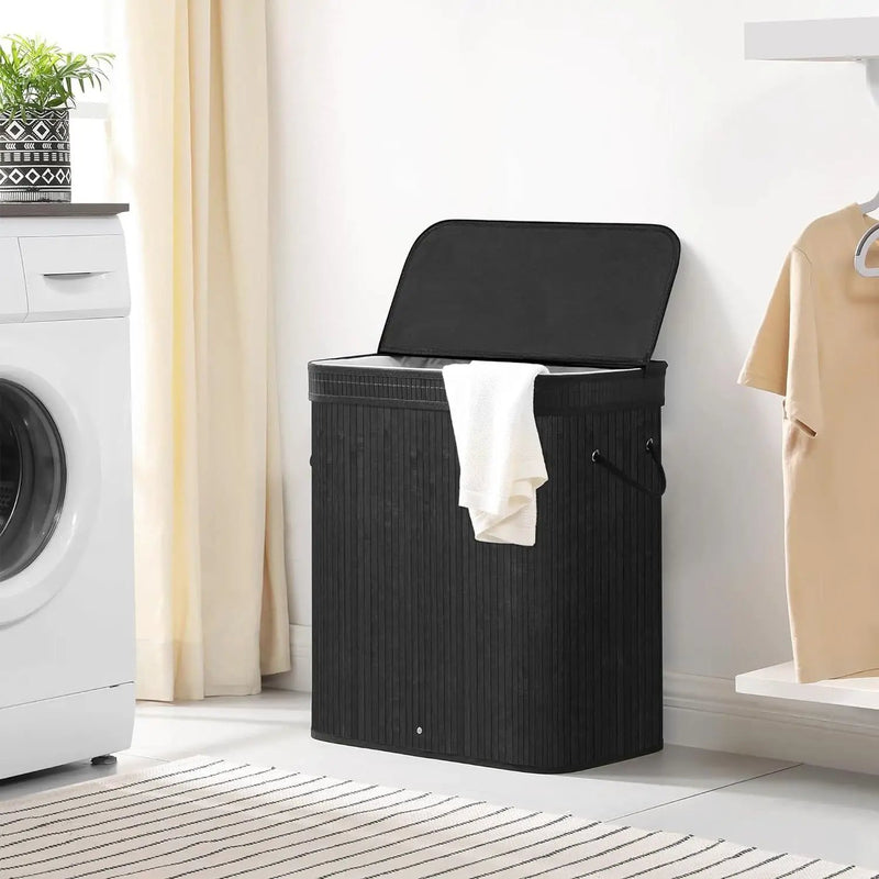 Black Bamboo Wood 26-Gal Laundry Hamper Basket w/ Removable Washable Cotton Bag by HomePacific