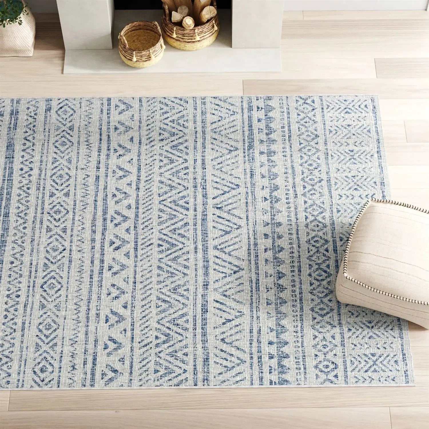 6.5 ft. x 9 ft. Blue Grey Chevron Coastal Boho Style Indoor Outdoor Area Rug by HomePacific
