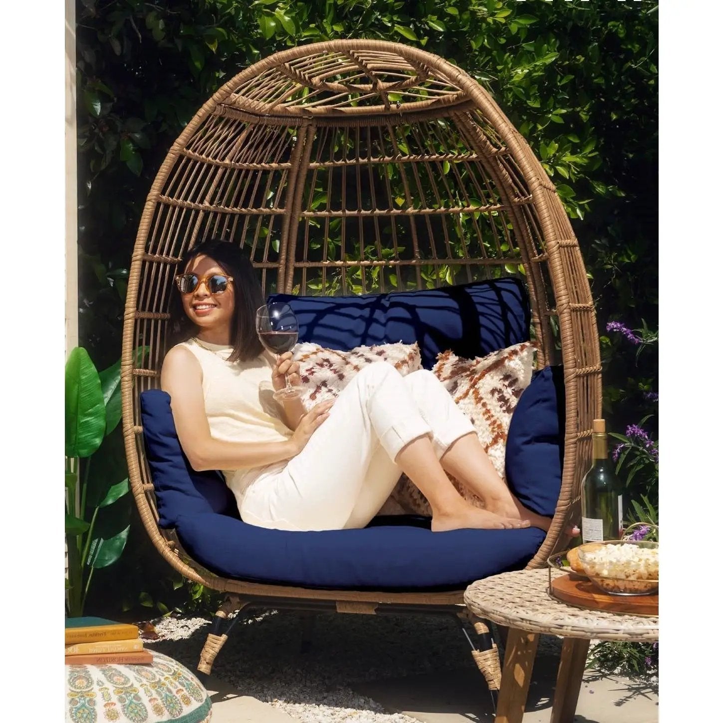 Oversized Patio Lounger Indoor/Outdoor Wicker Rattan Egg Chair Dark Blue by HomePacific