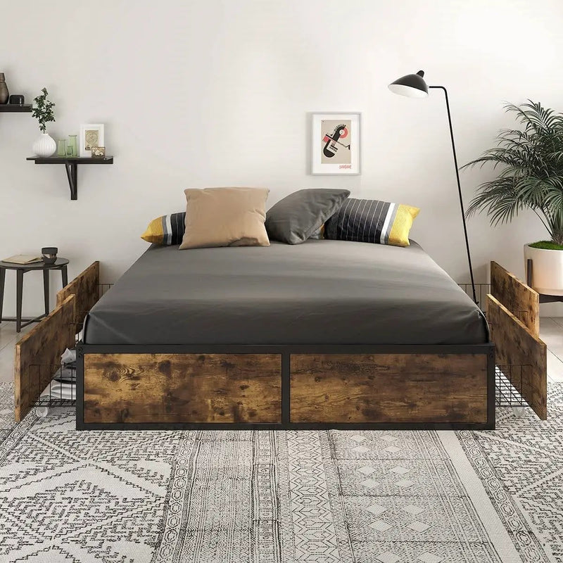 Queen Metal Wood Platform Bed Frame with 4 Storage Drawers - 800 lbs Max Weight by HomePacific