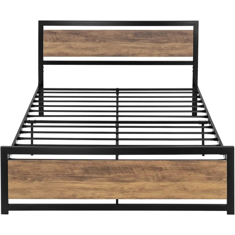Full Metal Platform Bed Frame with Brown Wood Panel Headboard and Footboard by HomePacific