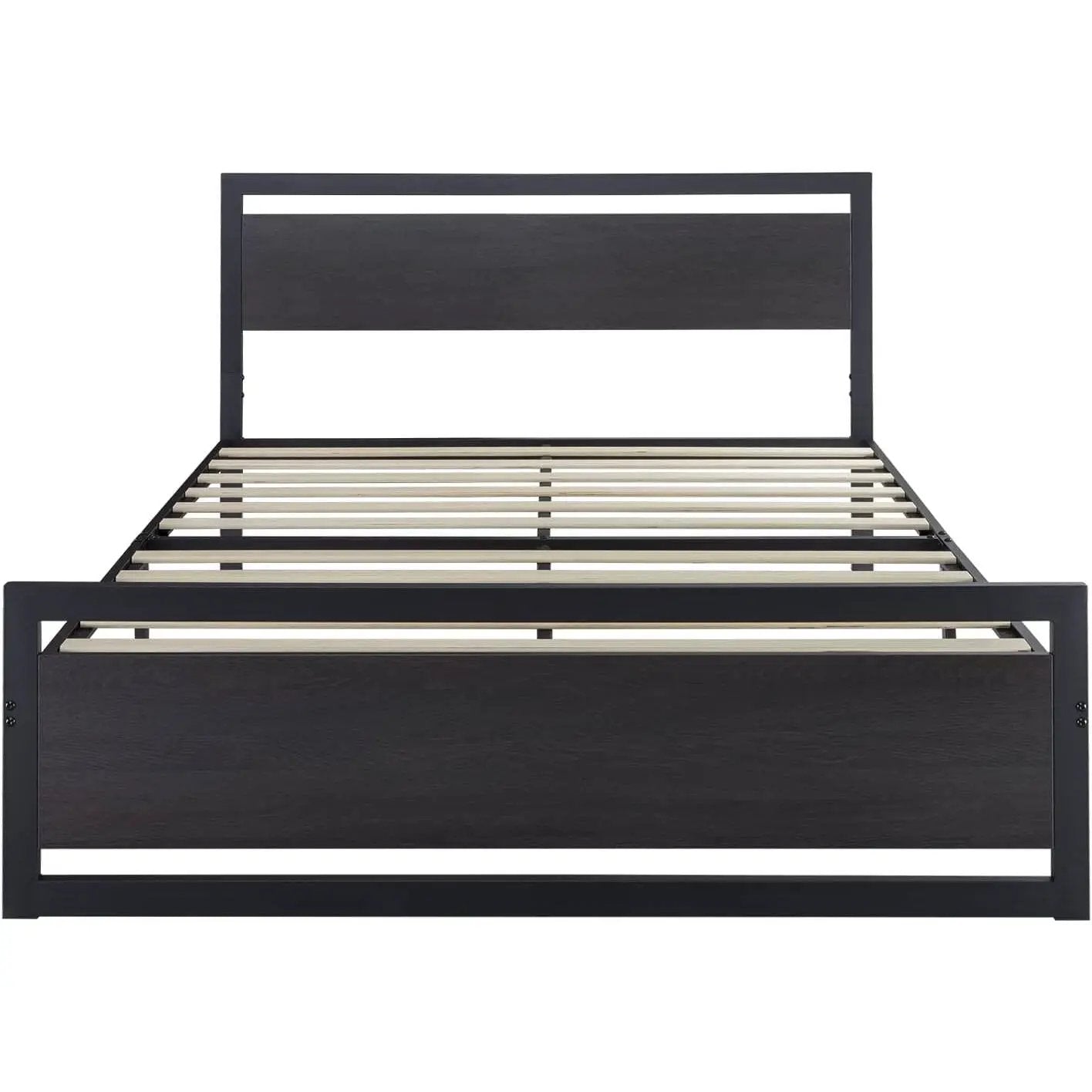Queen Black Metal Platform Bed Frame with Wood Panel Headboard and Footboard by HomePacific