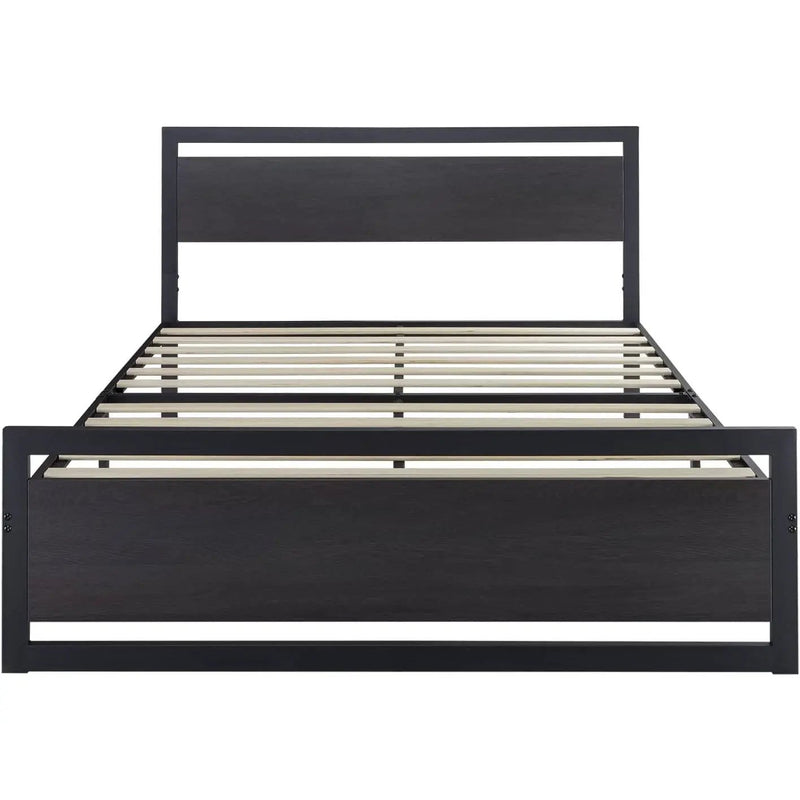 Queen Black Metal Platform Bed Frame with Wood Panel Headboard and Footboard by HomePacific